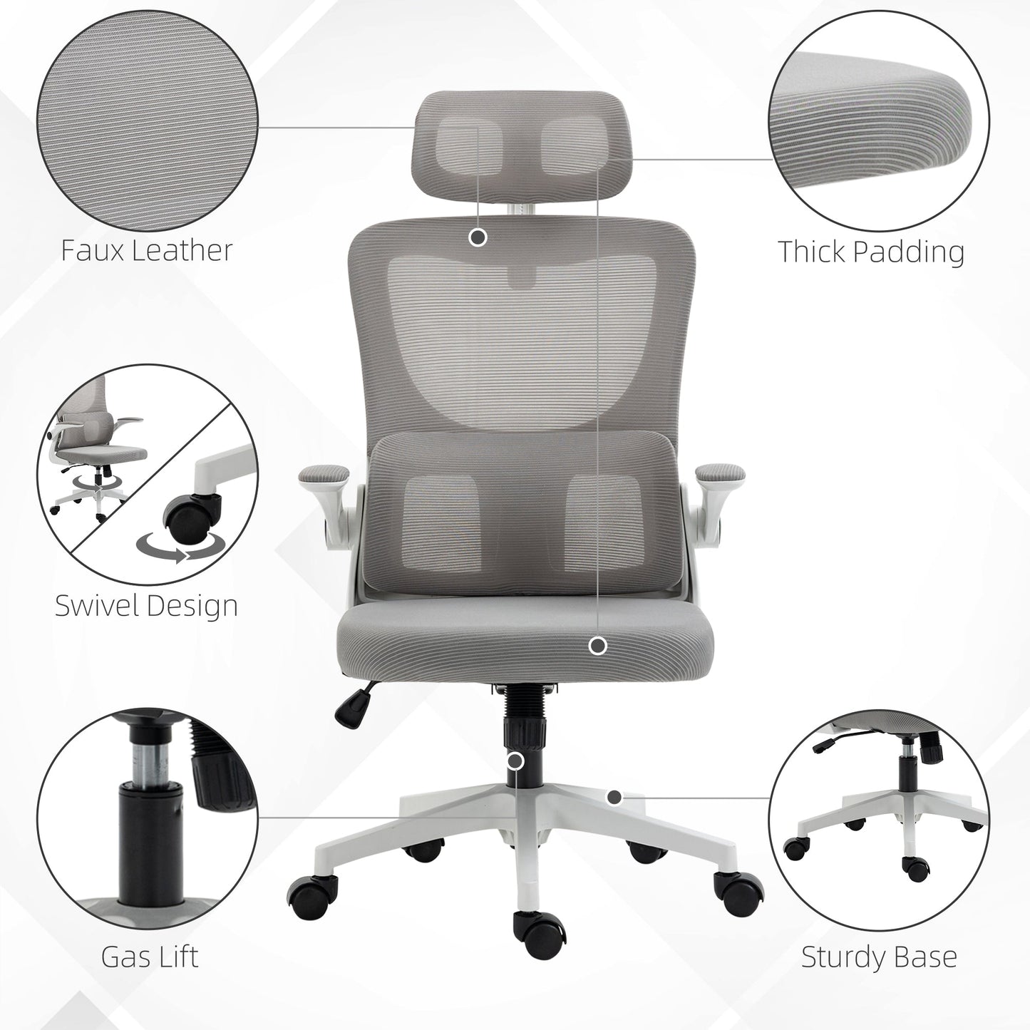 Ergonomic Height Adjustable Office Chair with Headrest, 60x59x114-122 cm, Grey