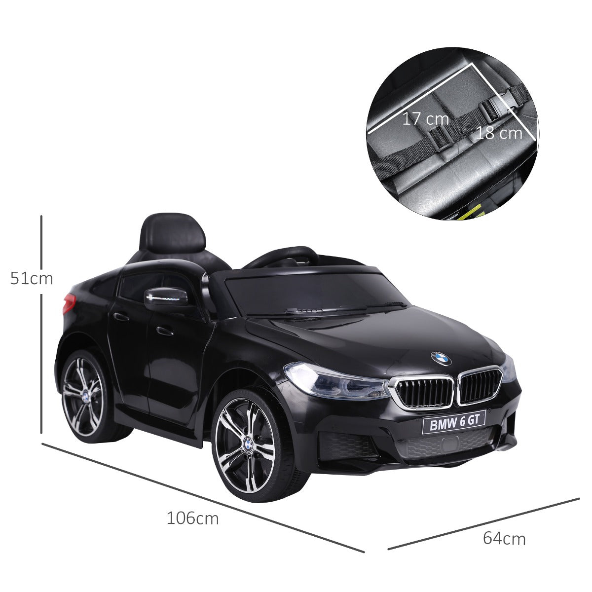 BMW 6GT 6V Electric Ride-On Toy Car, Remote Control Car with Music and LED Headlights, MP3 Player, Horn, 106 x 64 x 51 cm, Black