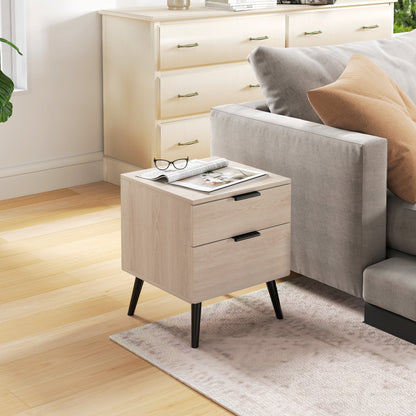 Set of 2 Nordic Style Bedside Tables with Drawer and Raised Base, Wooden, 40x40x50 cm, Oak Color