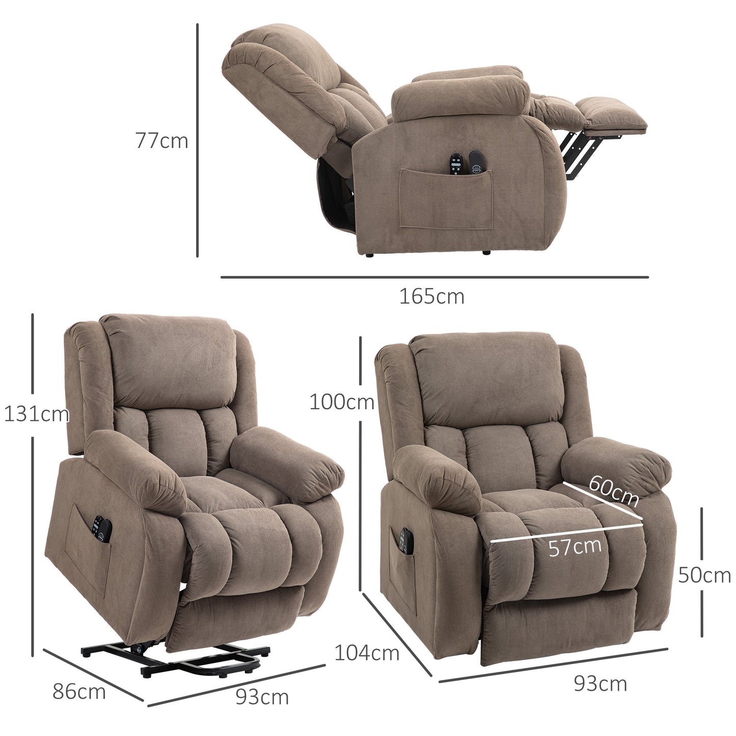 Lift Massage Reclining Chair with 2 Pockets and Remote Control, 93x104x105 cm, Light Brown