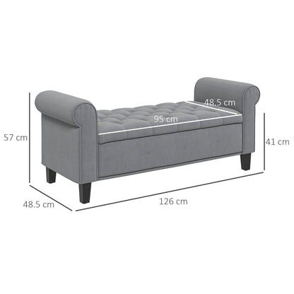 Velvet Fabric Bed End Bench with Storage Space and Armrests, 126x48.5x57 cm, Grey