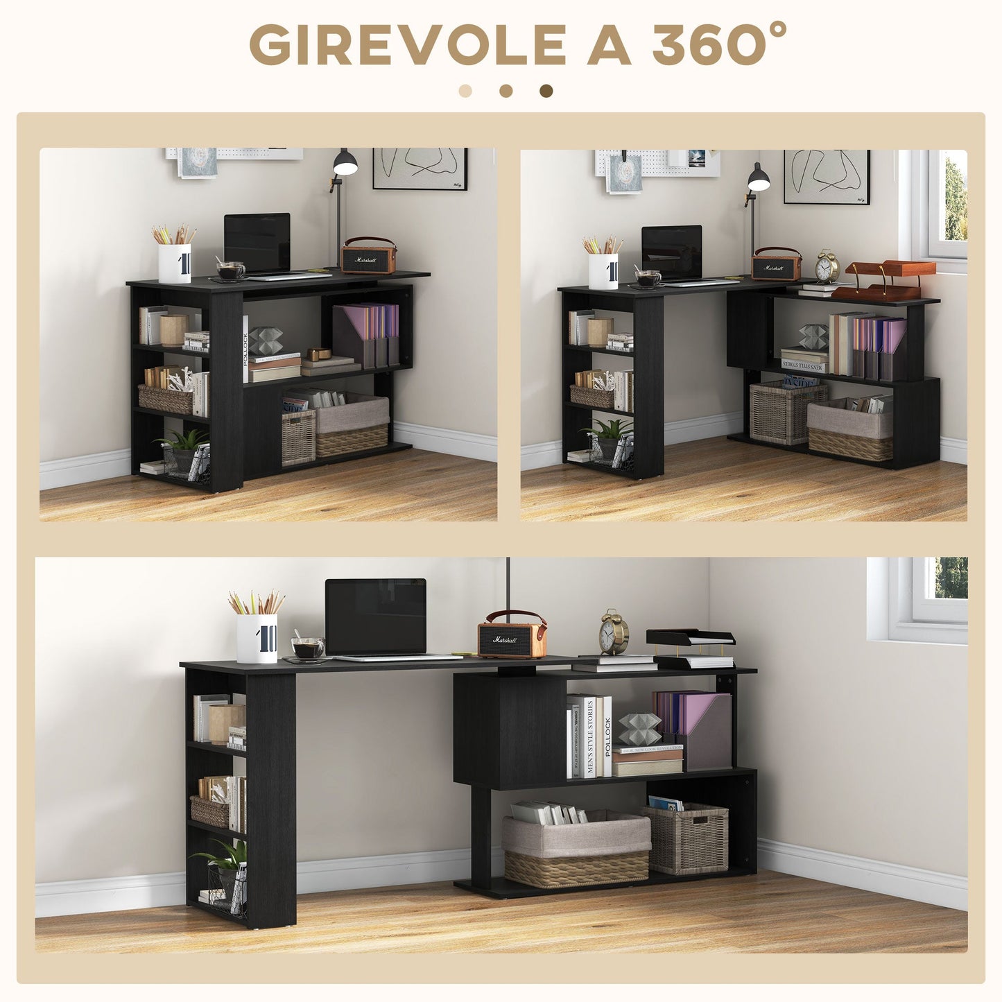 Corner Desk with 360° Swivel Top and 5 Shelves, 120x110x74.5 cm, Black