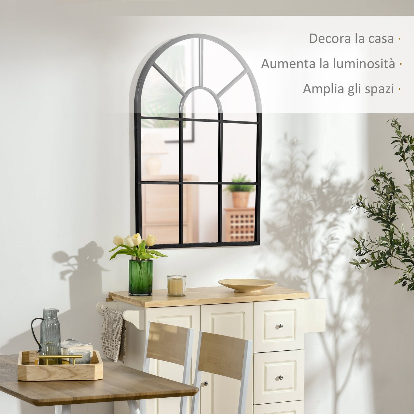 Modern Wall Mirror Arch Shape 91x60cm for Bedroom and Living Room, in Black Metal and Glass