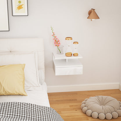 Floating Nightstand for Bedroom with Drawer and Open Shelf in Wood, 35x32x22.5 cm, White
