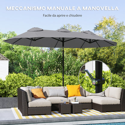 Double Umbrella Tiltable at 45° with Crank and Air Vents, in Steel and Polyester, 285x147x227 cm, Gray