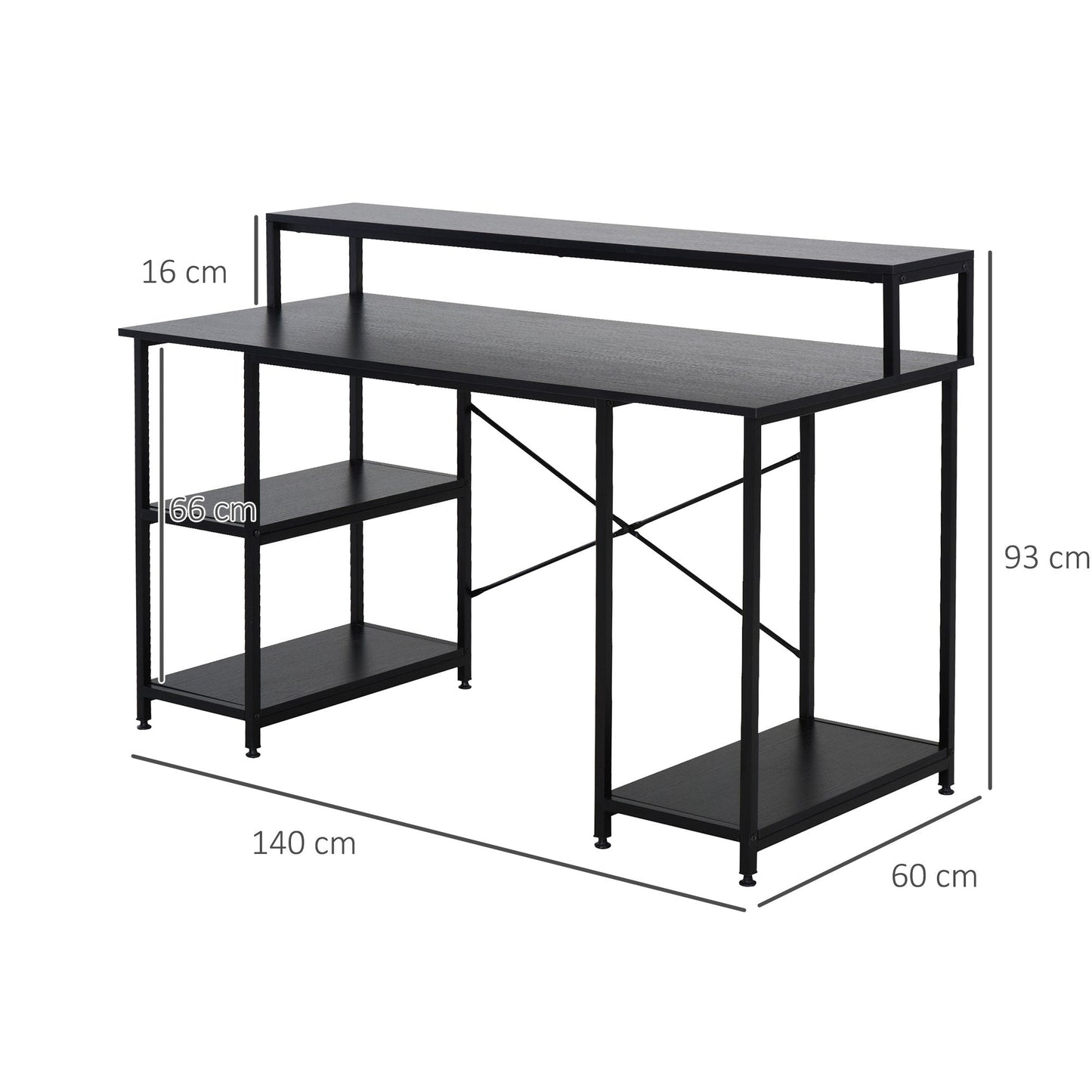 Computer Desk with Monitor and CPU Shelves, Office Desk for Home, Study and Work, Black, 140 x 60 x 93cm