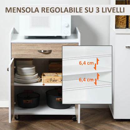 Kitchen Trolley Road for microwave with drawer, locker and 4 wheels, in wood, 60x40x77cm - white/oak