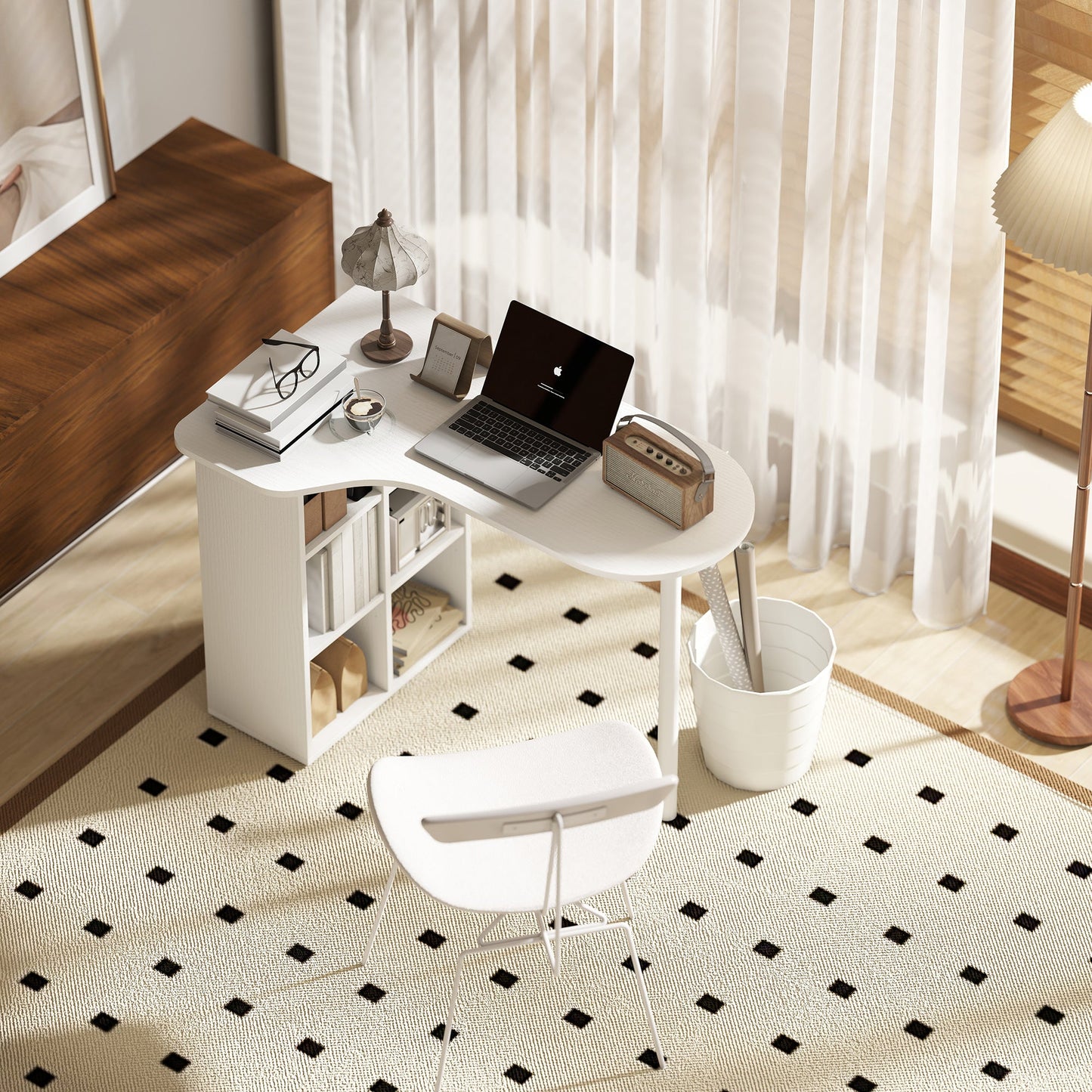 Curved Bedroom Desk with 6 Shelves and 4 Adjustable Shelves, Steel and Wood, 100x59x75.5 cm, White