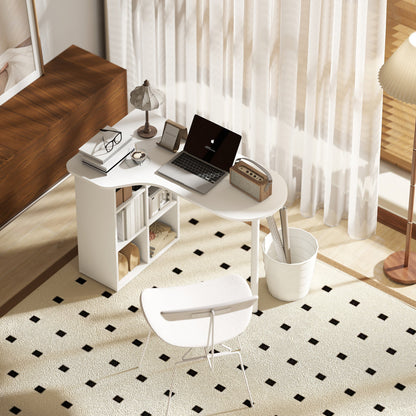 Curved Bedroom Desk with 6 Shelves and 4 Adjustable Shelves, Steel and Wood, 100x59x75.5 cm, White