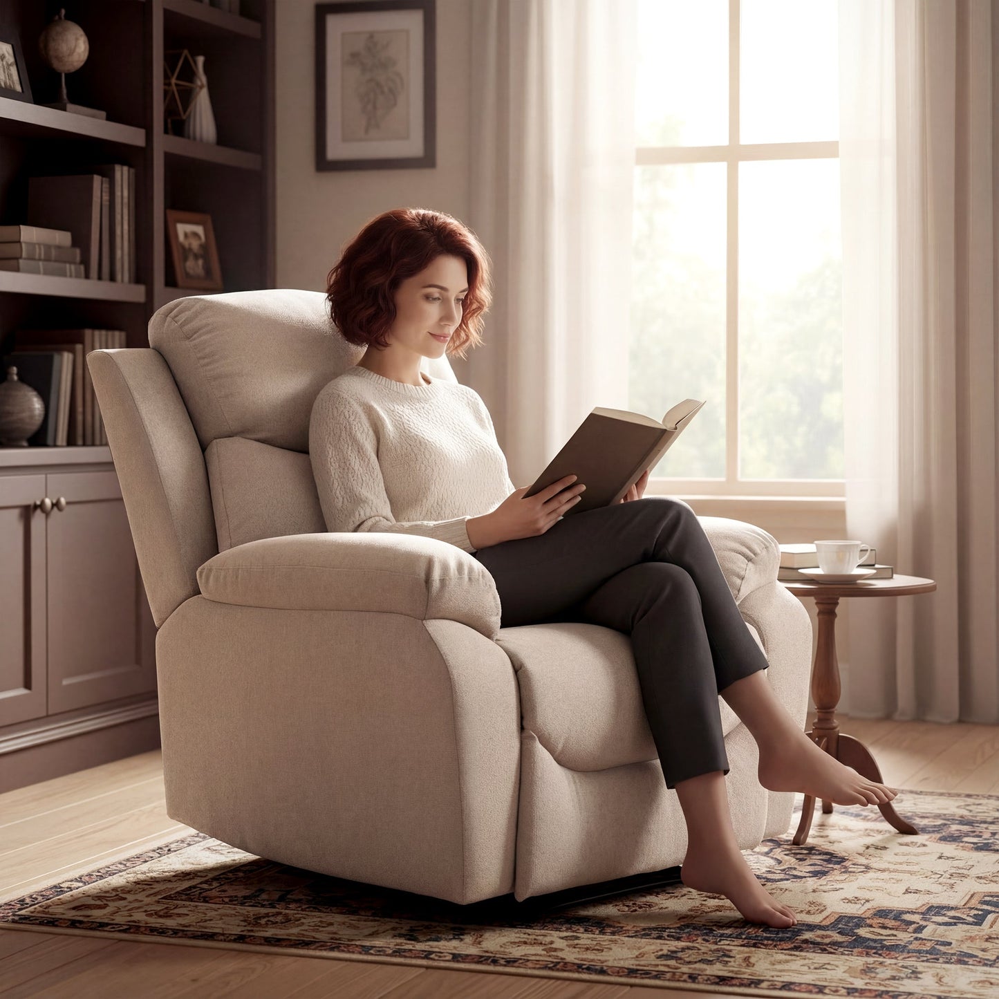 Manual Fabric Recliner Chair with Thick Cushion, Padded Armrests and Footrest, Beige
