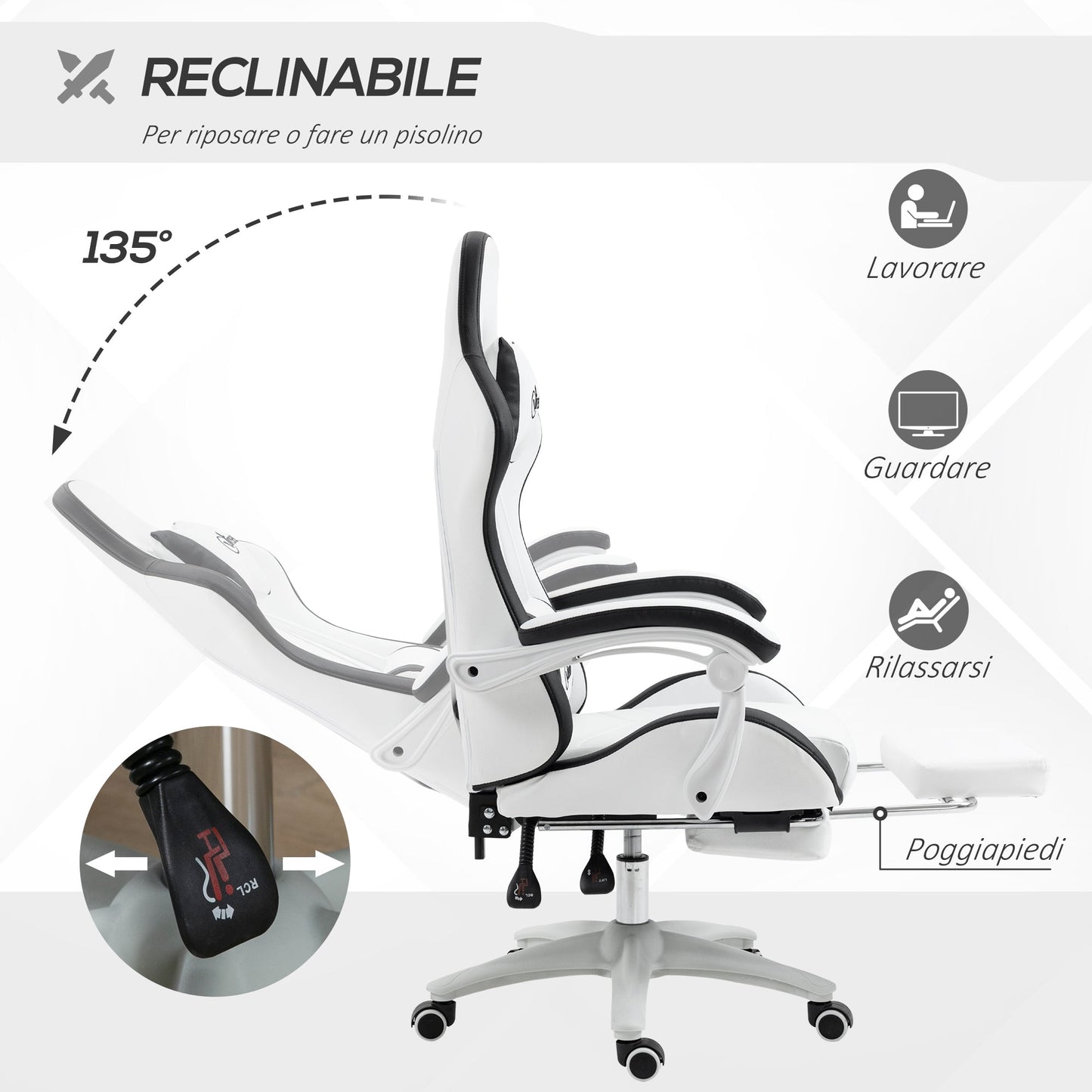 Gaming Chair with Adjustable Height and Reclining Backrest, 65x65x121-129 cm, Black and White