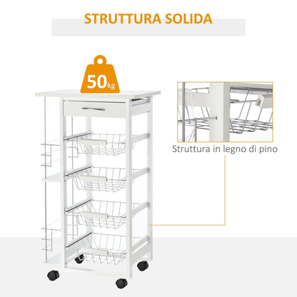 white wooden kitchen trolley with 1 drawer and 4 metal baskets