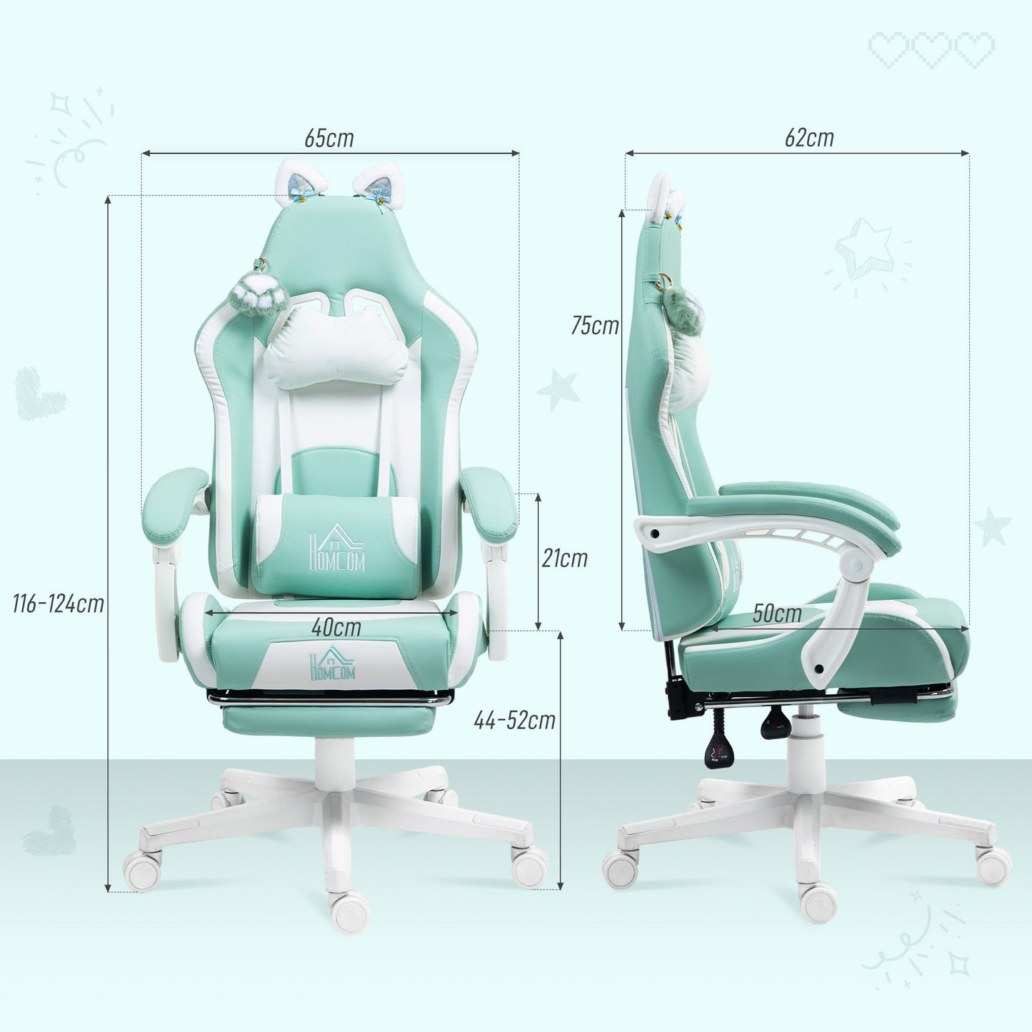 Reclining Gaming Chair with Footrest and Cushions, Faux Leather and Sponge, 65x62x116-124 cm, White and Blue