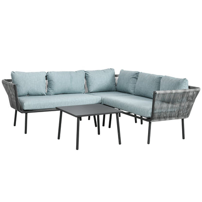 4 Piece Rattan Garden Set with Coffee Table, 2 Corner Sofas and Armchair, Black Grey and Blue
