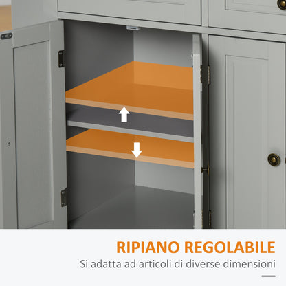 Kitchen Trolley with 2 Drawers and 2 Cabinets, Wooden Top, Spice Rack and Tea Towel Holder, Grey