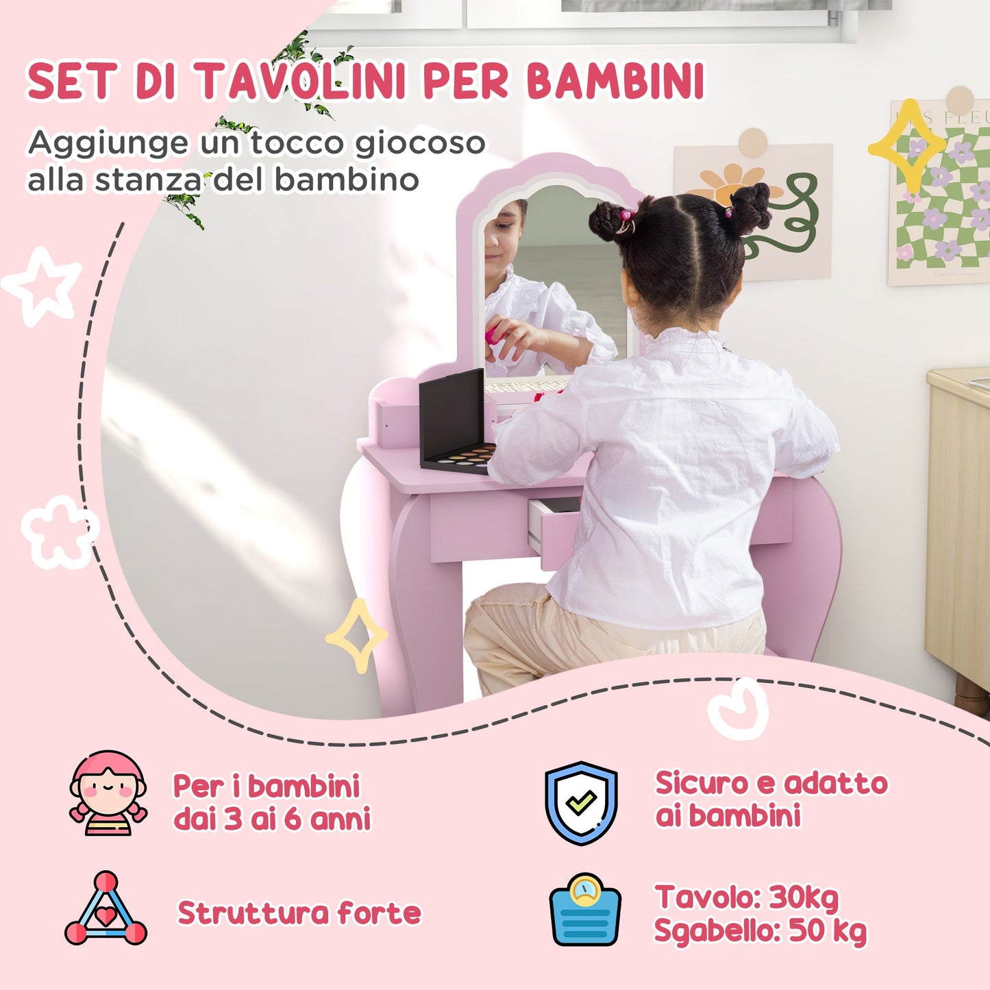 Girls' Dressing Table Set with Makeup Mirror and Matching Wooden Stool, Drawer and Storage, Pink