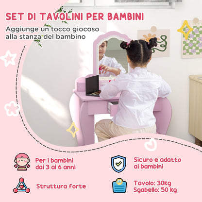 Girls' Dressing Table Set with Makeup Mirror and Matching Wooden Stool, Drawer and Storage, Pink
