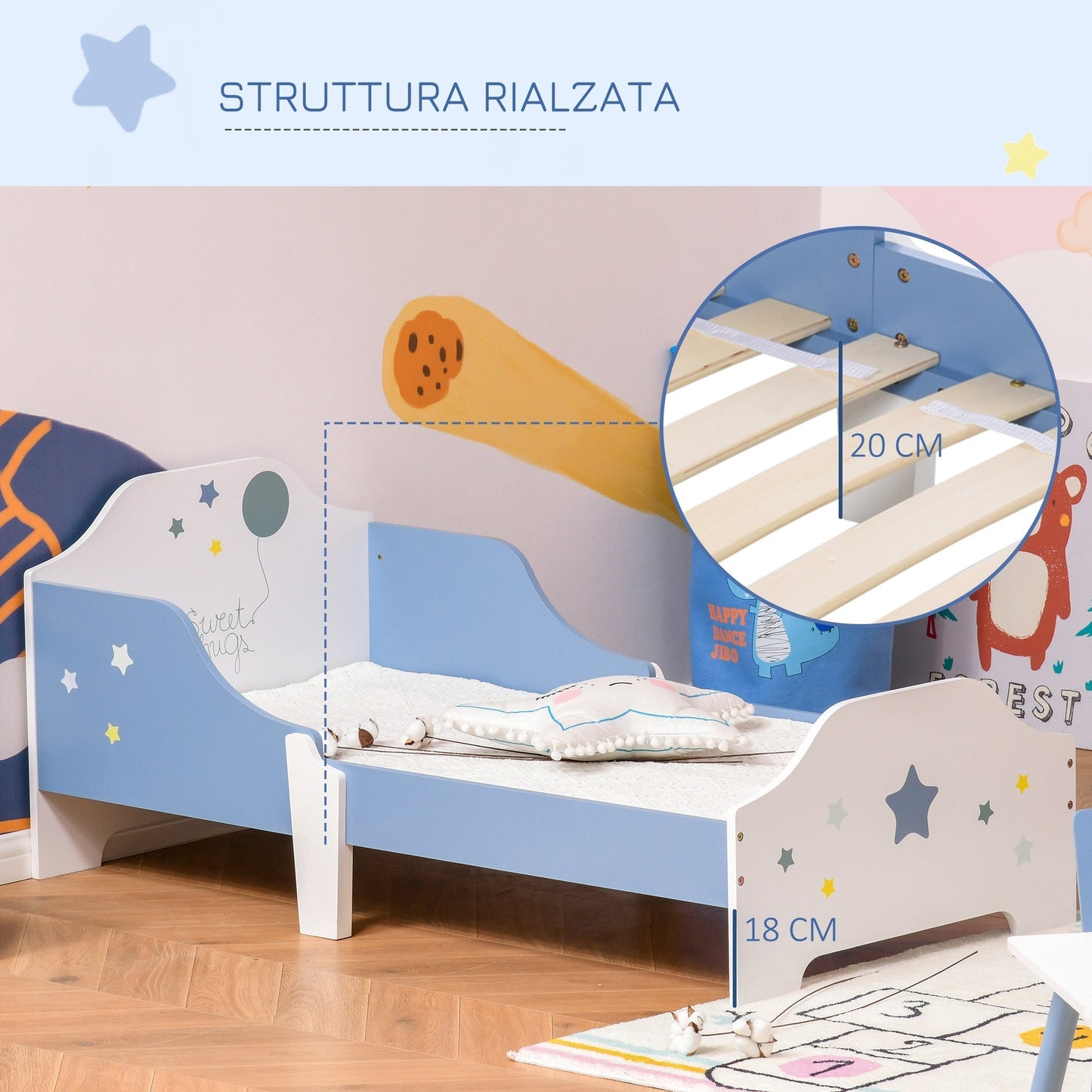 Low Bed for Boys and Girls +3 Years with Sides, Blue and White Cot, 143 x 74 x 59 cm