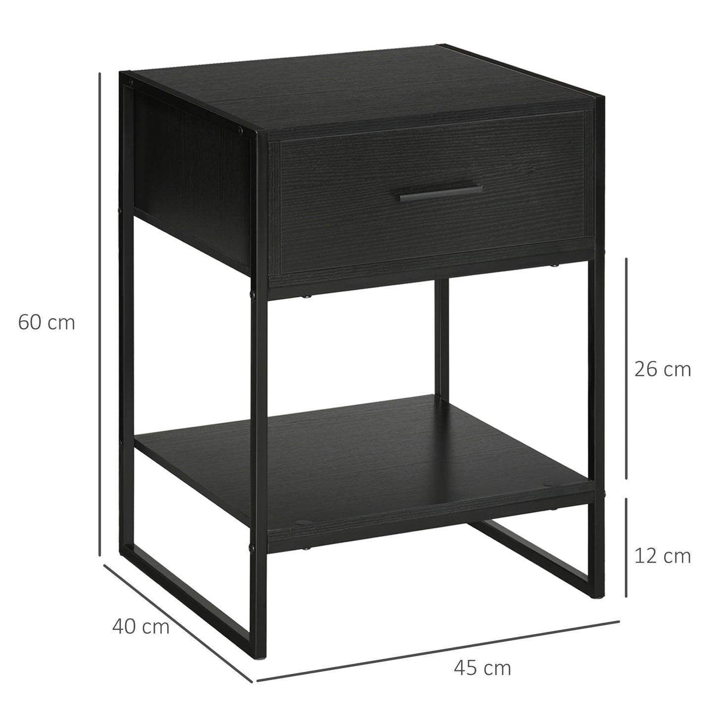 Modern bedside table set 2 pieces with drawer and open shelf, in mdf and steel, 45x40x60cm, black