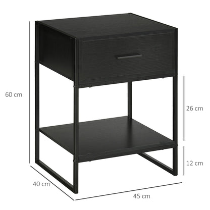 Modern bedside table set 2 pieces with drawer and open shelf, in mdf and steel, 45x40x60cm, black