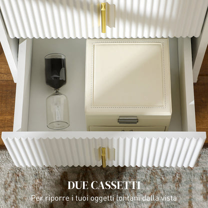 2-Drawer Wooden Nightstand with Metal Handles and Legs, 40x40x47 cm, White and Gold