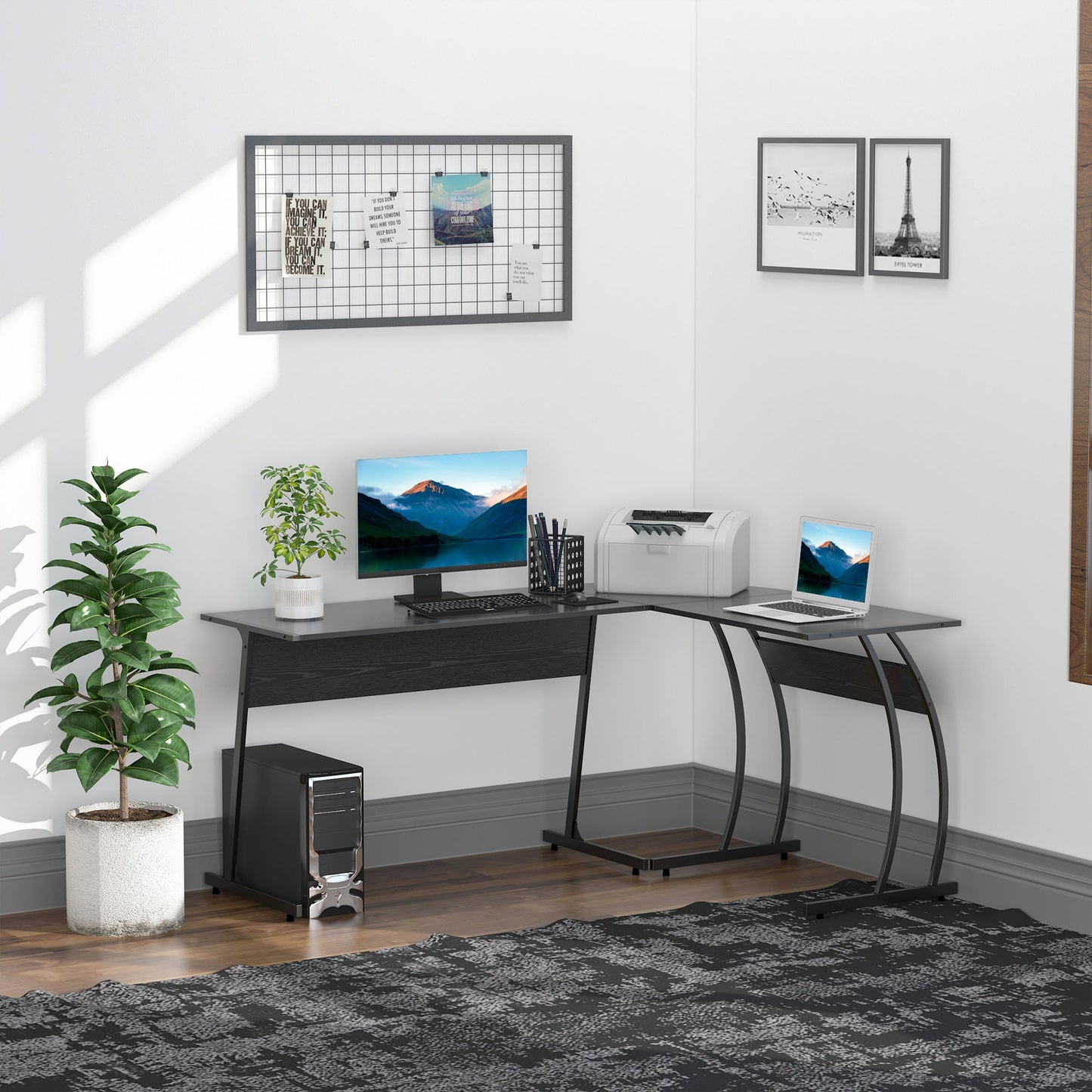 Desk Wooden and Metal Corner, Black, 112.5 x 152 x 74cm