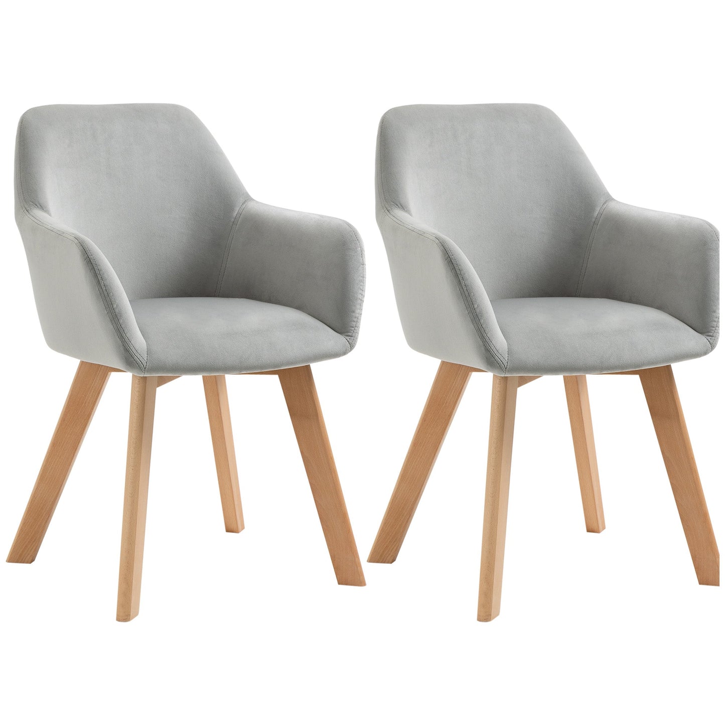 Set of 2 Velvet Upholstered Dining Chairs with Wooden Armrests and Legs, Grey