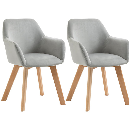 Set of 2 Velvet Upholstered Dining Chairs with Wooden Armrests and Legs, Grey