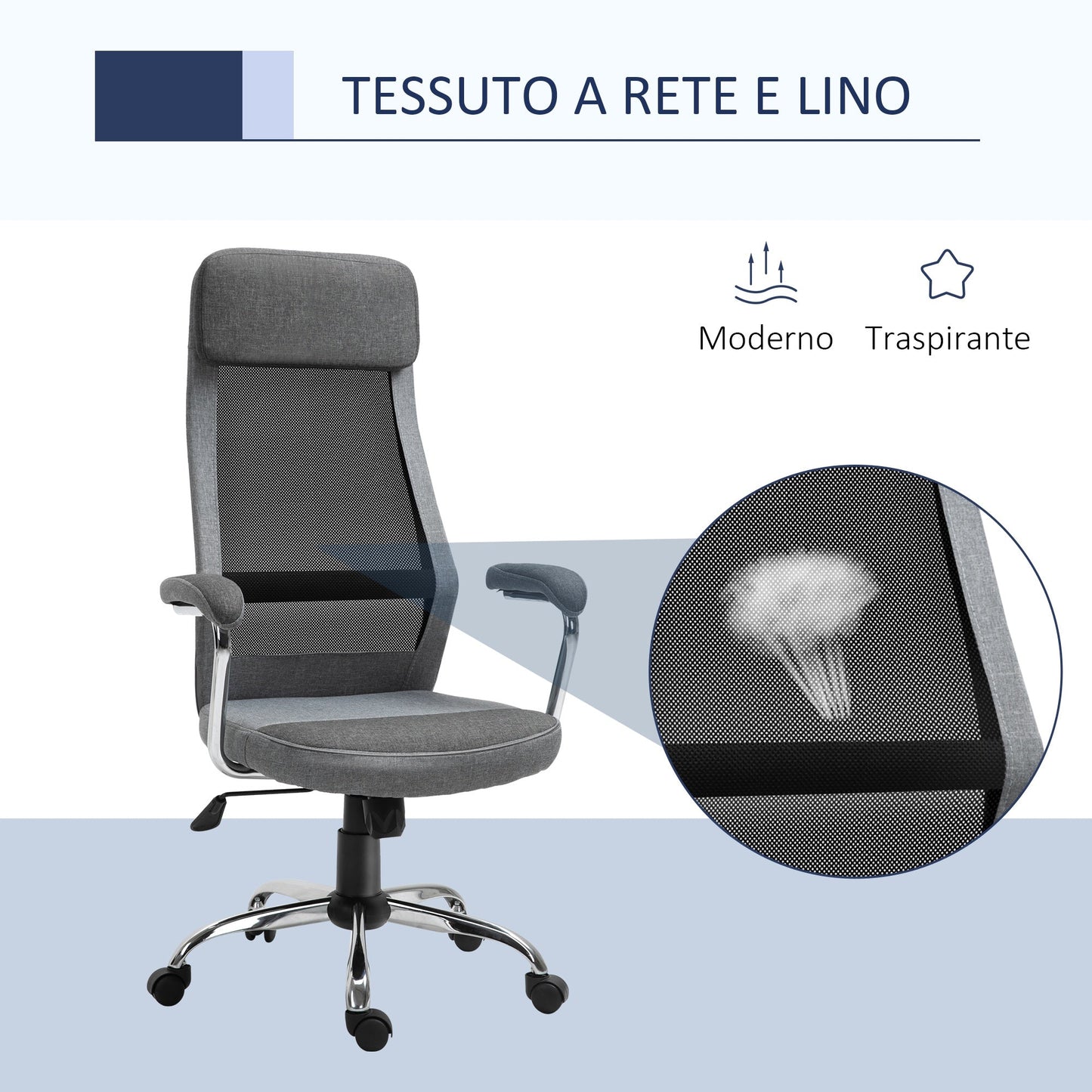Ergonomic Swivel Office Chair, Adjustable Height and Rocking, Mesh Fabric Armchair 65x67x119-129cm Grey