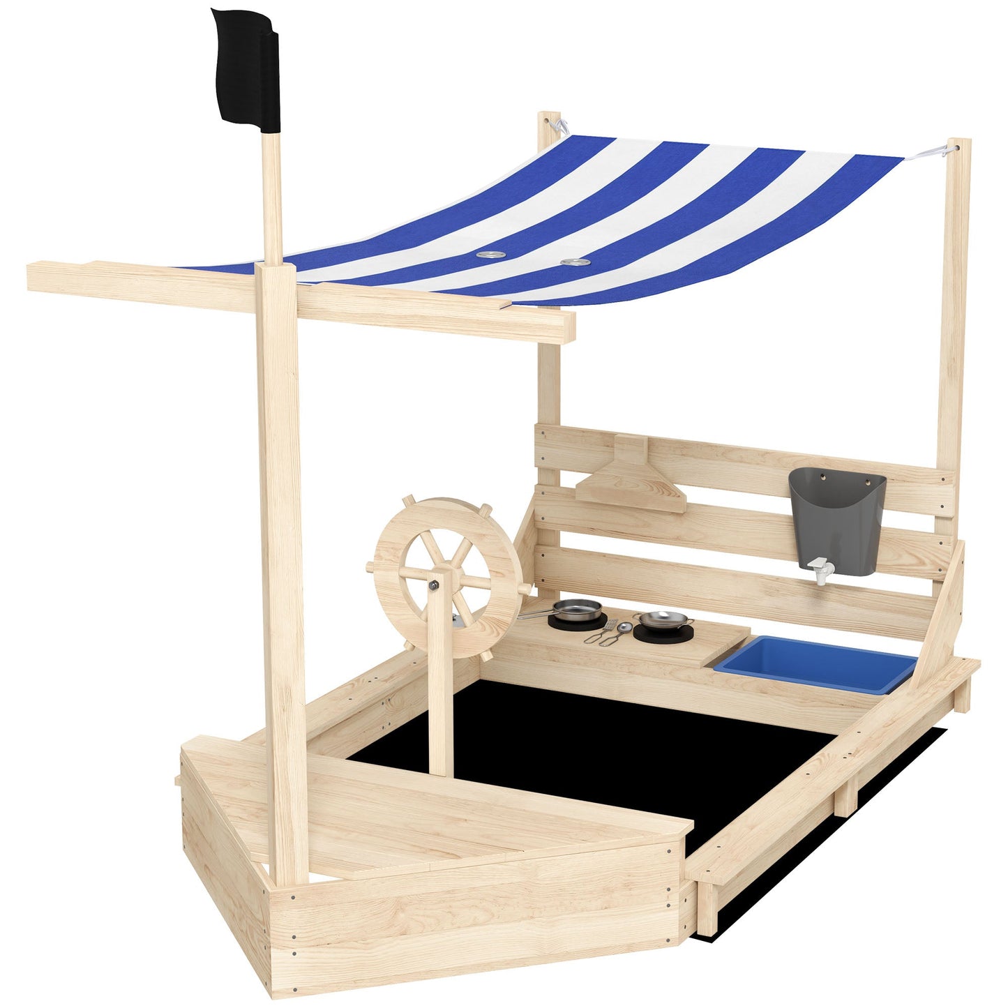 Sandpit for Children 3-7 Years with Canopy and Kitchen Set, in Fir Wood, 180x103x144.5 cm