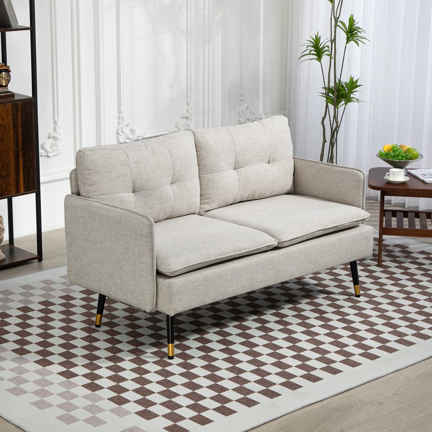 2-Seater Sofa in Linen Effect Fabric with Steel Legs and Padded Cushions, 139x68x80 cm, Cream White