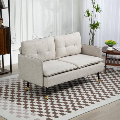 2-Seater Sofa in Linen Effect Fabric with Steel Legs and Padded Cushions, 139x68x80 cm, Cream White