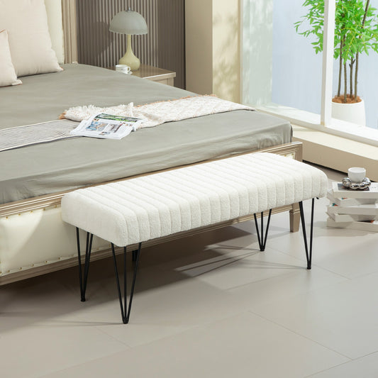 Modern Bedside Bench with Hairpin Legs, in Chenille Effect Fabric, Wood and Metal, 118.5x46x49.5 cm, Cream