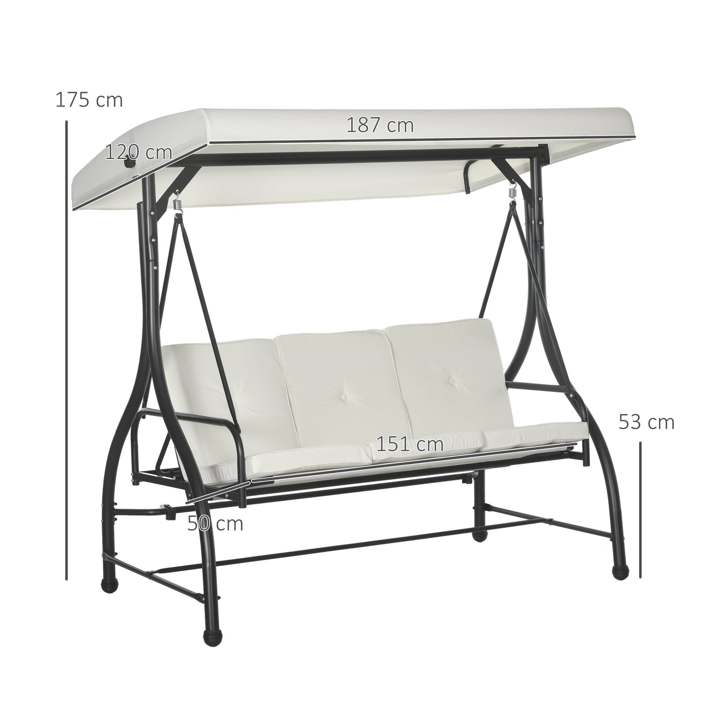 3 Seater Garden Swing Bed with Adjustable Canopy, Steel and Polyester, 195x117x175 cm, Cream and Black