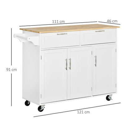 VERA | Multipurpose Wooden Kitchen Cart Trolley with 2 Drawers, 3 Doors and 4 Wheels 121x46x91cm - White