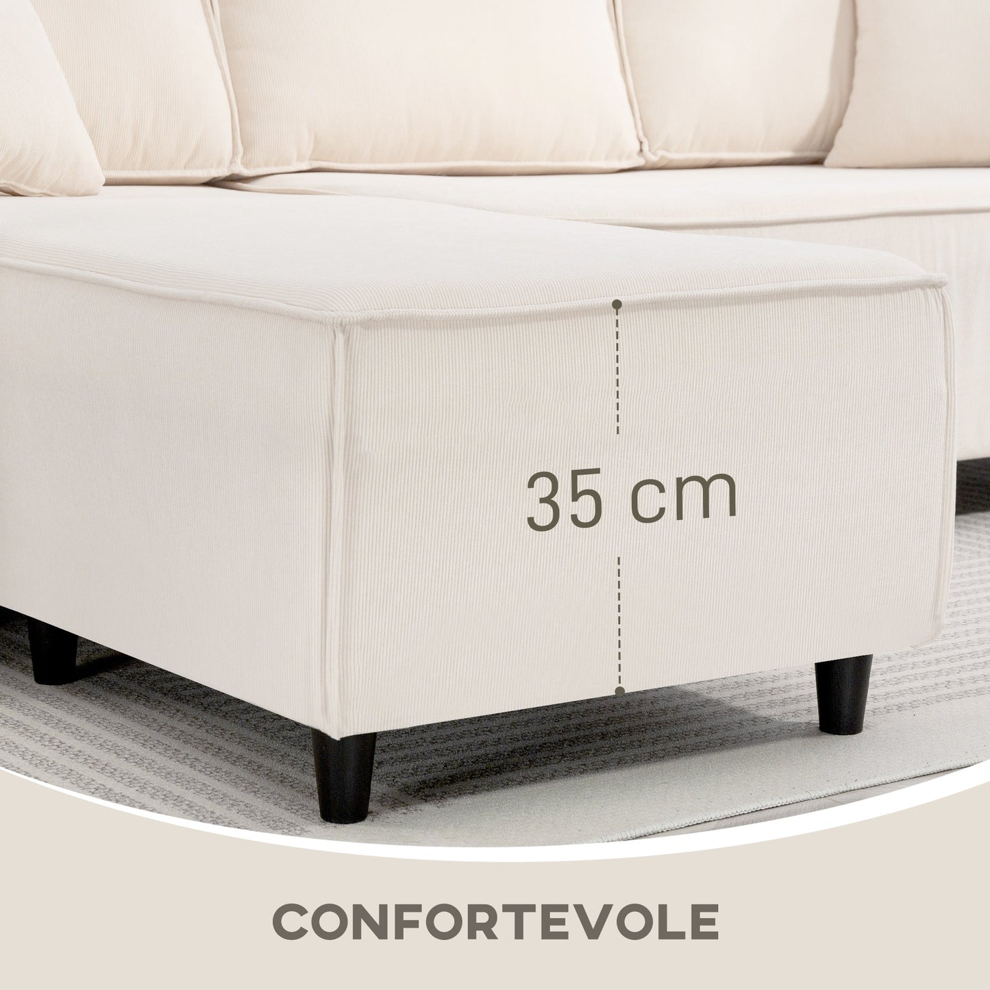 3 Seater Sofa with Peninsula in Velvet Effect Fabric, Foam and Nylon, 241x153x83 cm, Cream White