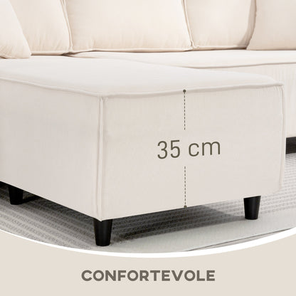 3 Seater Sofa with Peninsula in Velvet Effect Fabric, Foam and Nylon, 241x153x83 cm, Cream White