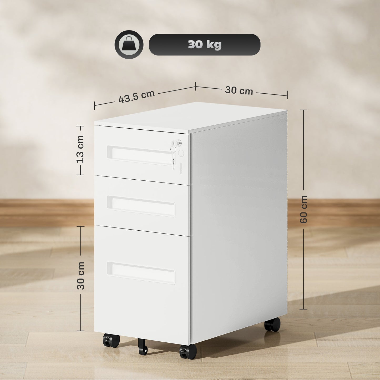 Steel Document Holder on 5 Wheels with 2 Drawers and Pen Tray, 30x43.5x60 cm, White