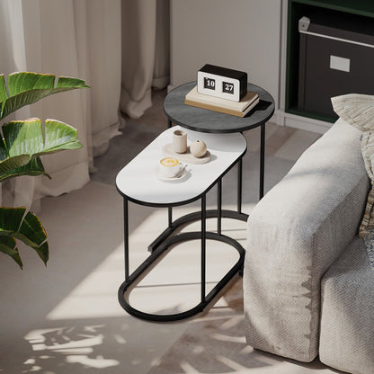 Set of 2 Stackable Coffee Tables with Metal Frame for Living Room and Office, Grey and White