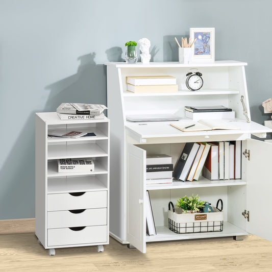 Office Drawer Unit with 4 Wheels 4 Shelves 3 Drawers, MDF Wood Document Cabinet, 38x40x86.8 cm, White