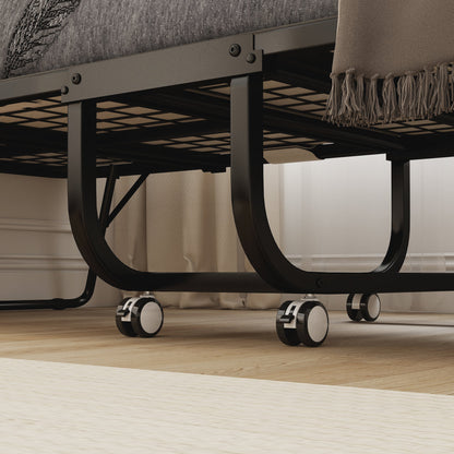Folding Single Bed 90x200cm with 10cm Thick Mattress, Metal Base and Wheels with Brakes, Black