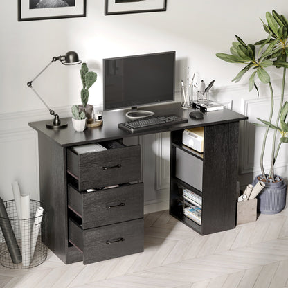Modern Wooden Desk with 3 Drawers and 3 Shelves for Bedroom and Office, 120x49x72cm, Black
