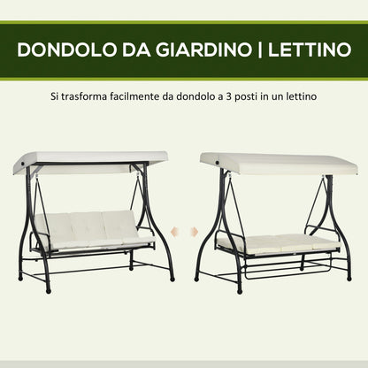 3 Seater Garden Swing Bed with Adjustable Canopy, Steel and Polyester, 195x117x175 cm, Cream and Black