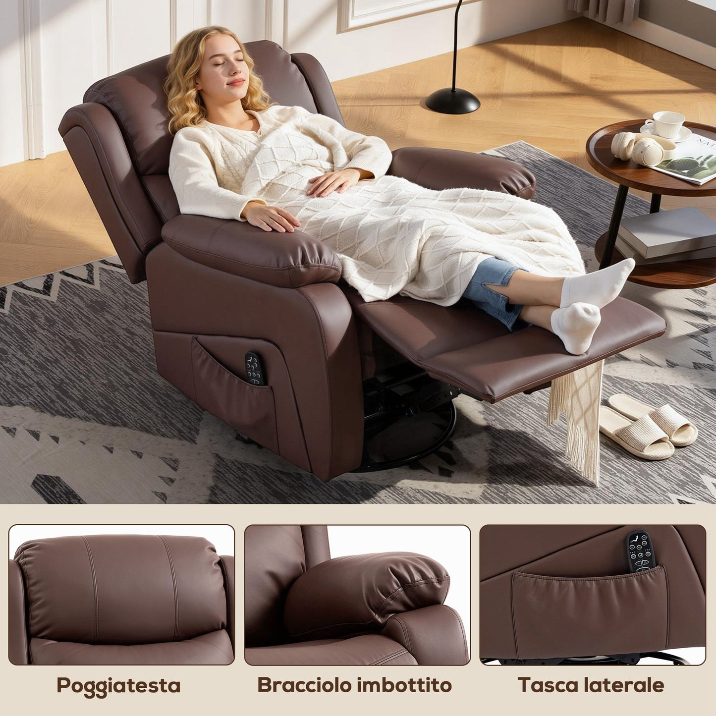 Reclining Relaxing Chair with 8 Massage Points, Heating and Footrest, 87x97x100 cm, Brown