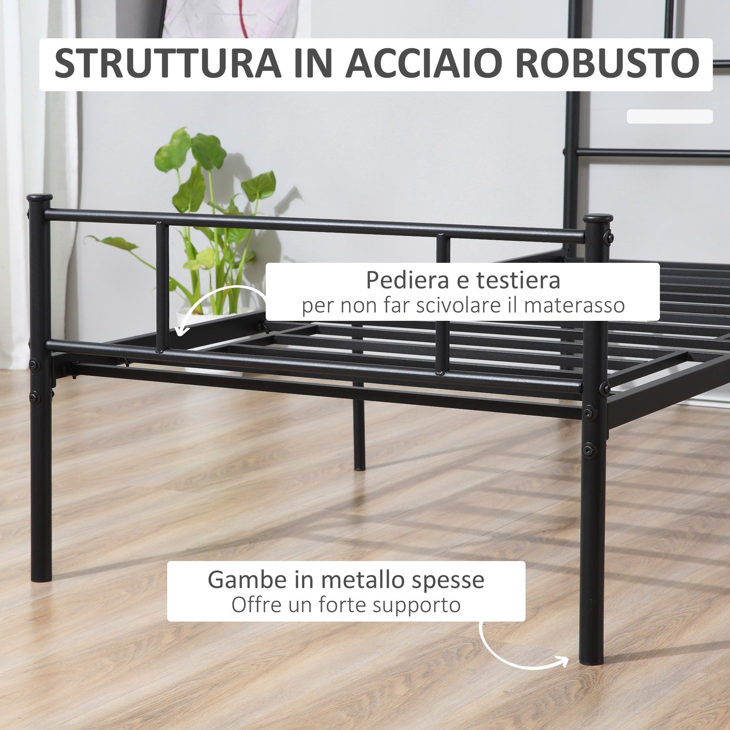 Single Steel Bed Frame 90x200cm with Slats, Headboard and Footboard, Black