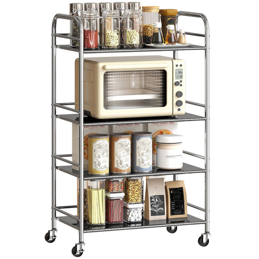 4-Tier Utility Cart with 2 Adjustable Shelves and Raised Edges, Stainless Steel, 60x35x100 cm