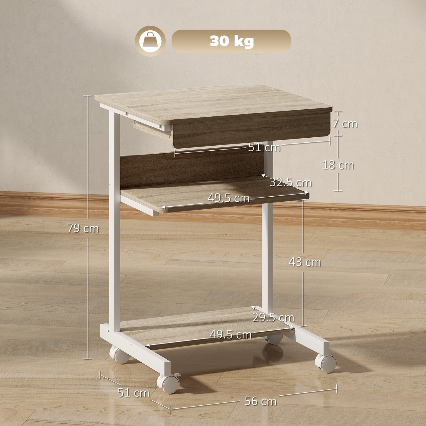 PC Desk with Sliding Drawer, 2 Shelves and 4 Wheels, in Wood and Metal, 56x51x79 cm, White and Oak