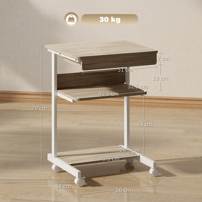 PC Desk with Sliding Drawer, 2 Shelves and 4 Wheels, in Wood and Metal, 56x51x79 cm, White and Oak
