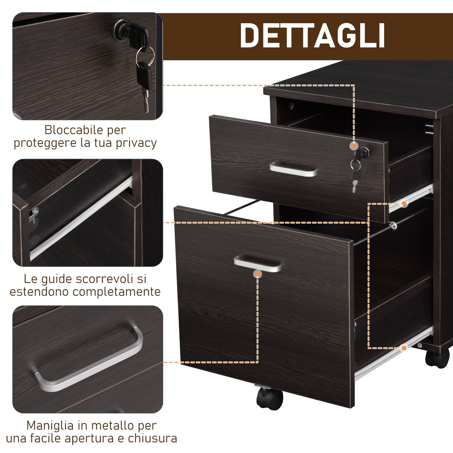 Office File Cabinet Wooden Desk Drawer Cabinet, 2 Drawers, Lock with 2 Keys, Black, 40x45x55.6cm