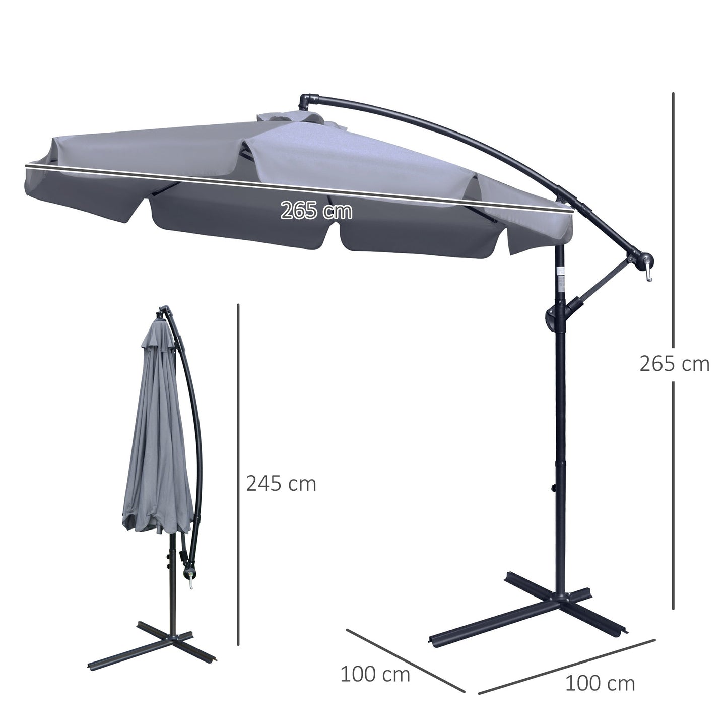 2.7x2.7 m Garden Umbrella with Metal Arm and Adjustable Polyester Canopy and Crank Opening, Grey
